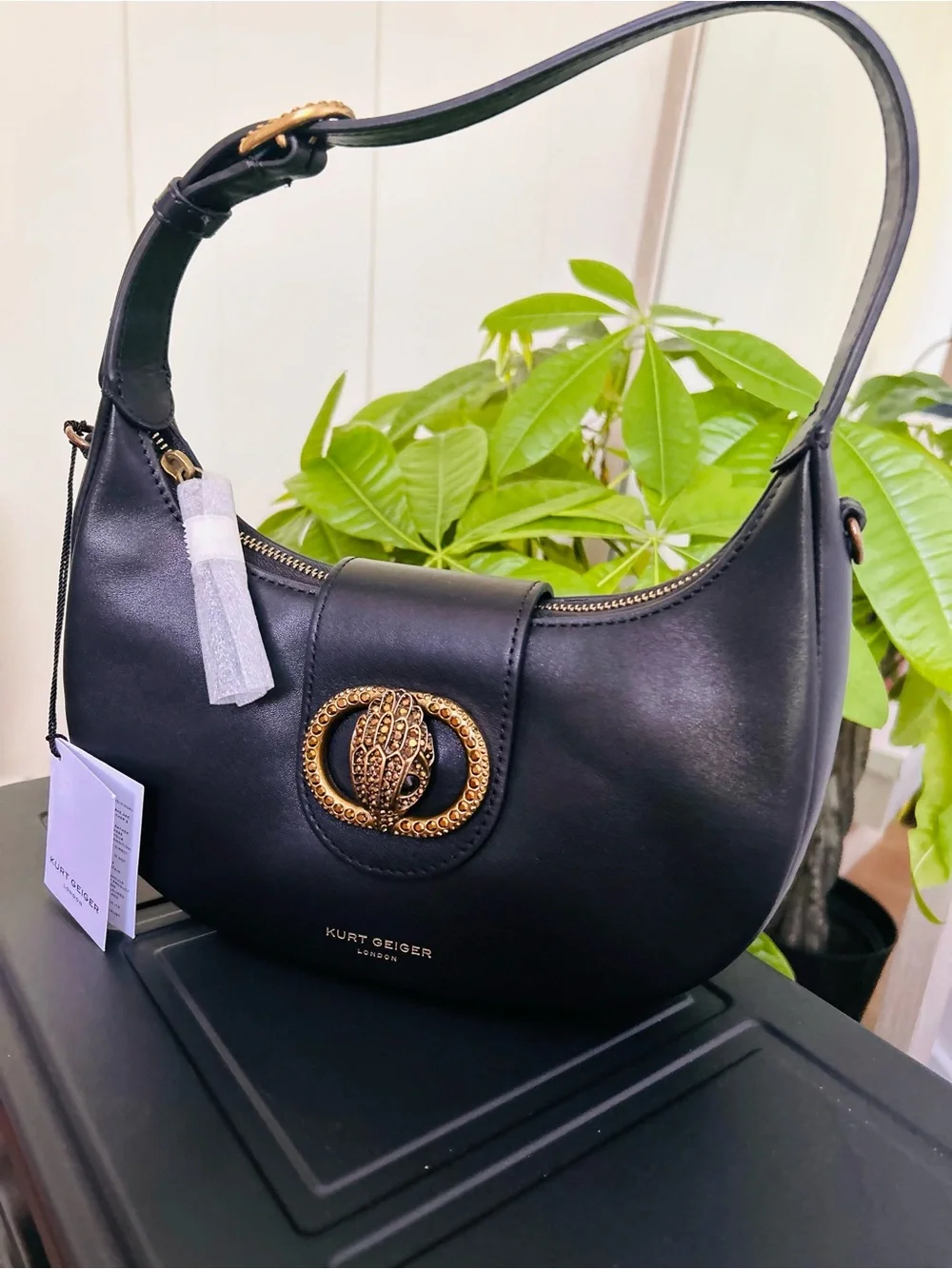 Kurt Geiger Leather Shoulder Purse with Gold Emblem. London, England